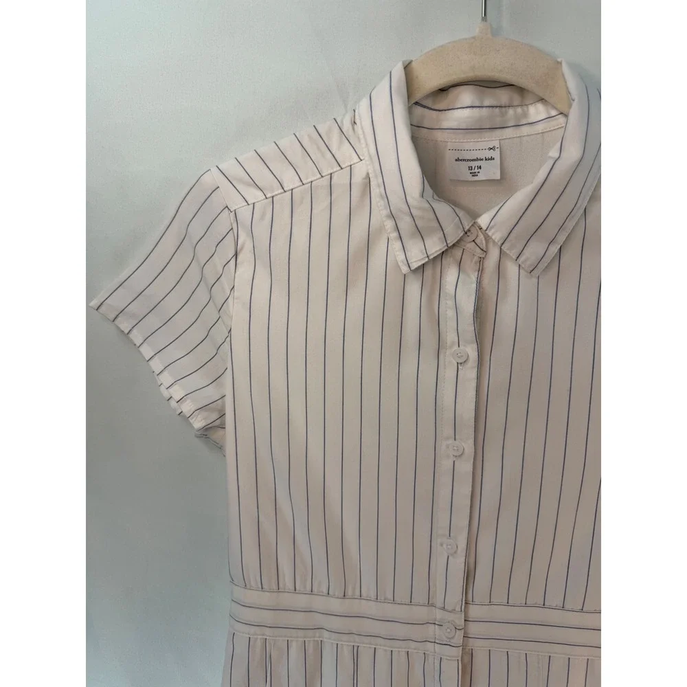 Abercrombie Kids White Blue Striped Short Sleeve Button Front Shirt Dress 13/14